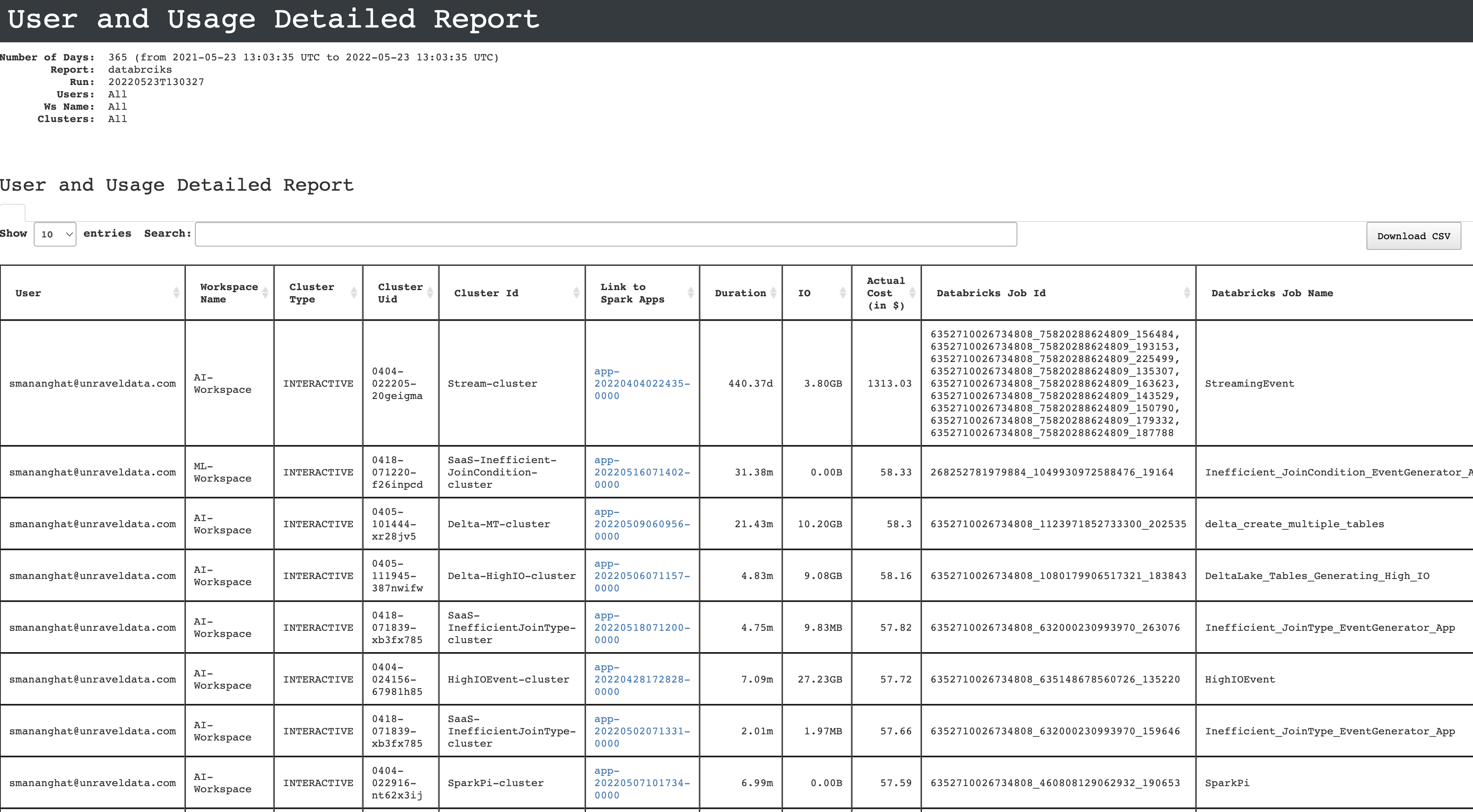 Databricks User and Usage report